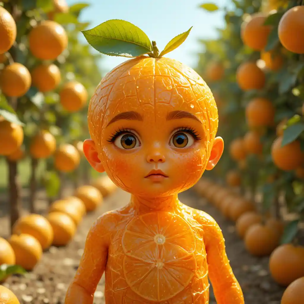Cute citrus boy standing in a sunny orange orchard