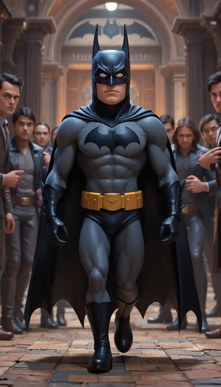 3D cartoon superhero advancing on terrified criminals
