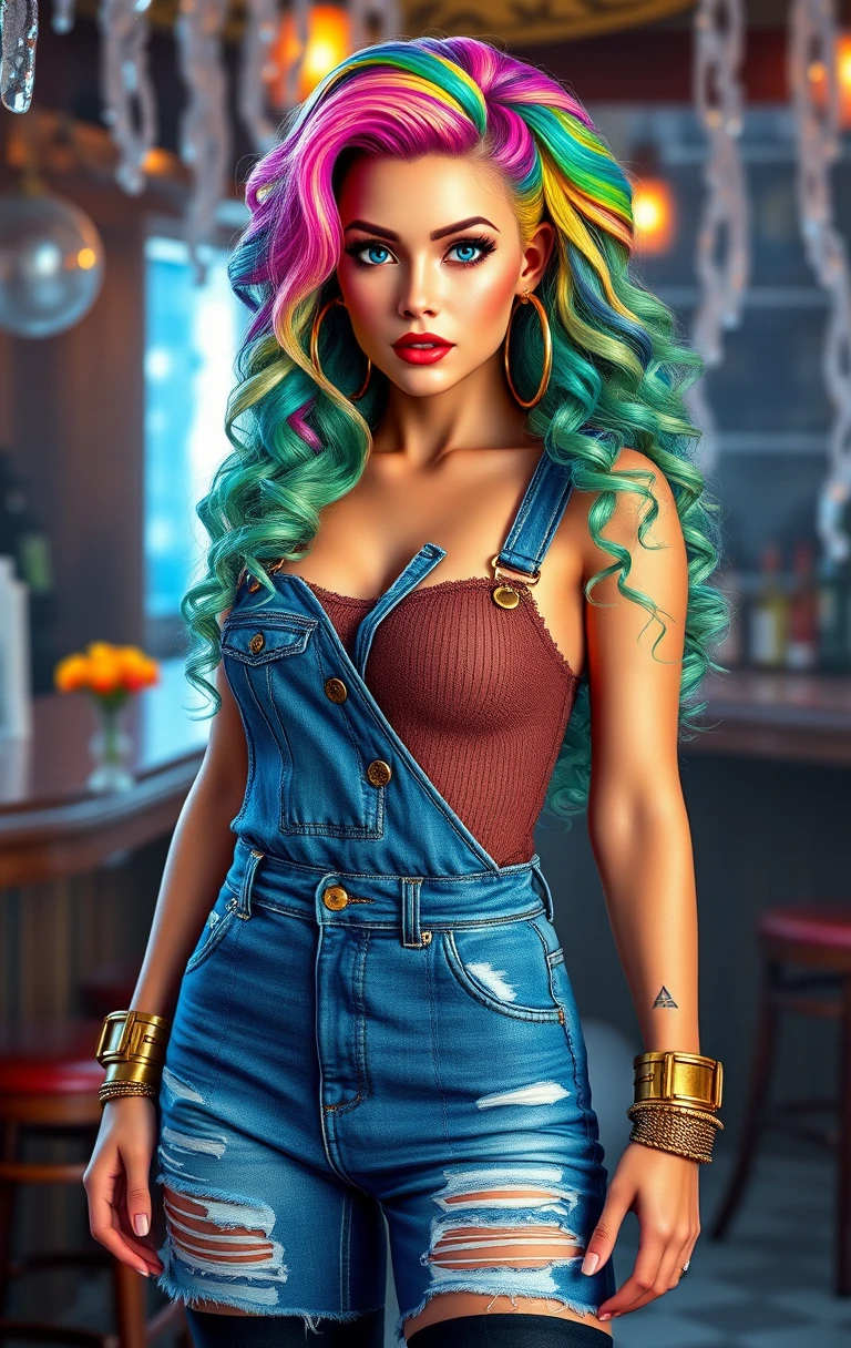 Stylish woman with rainbow hair in an icy bar interior