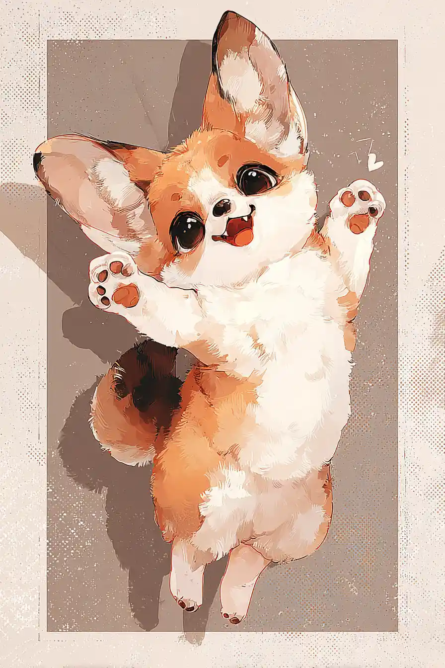 Joyful plump fennec fox jumping with raised paws illustration