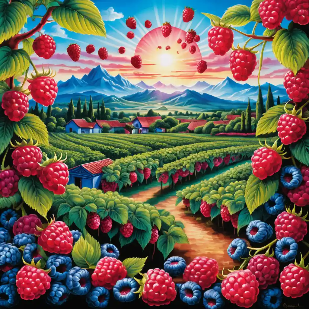 Campos de Frambuesas al Amanecer Surreal en un Paisaje Montañoso