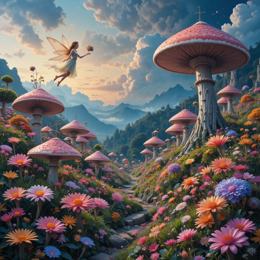 Paisaje de fantasía onírico con hada voladora y hongos