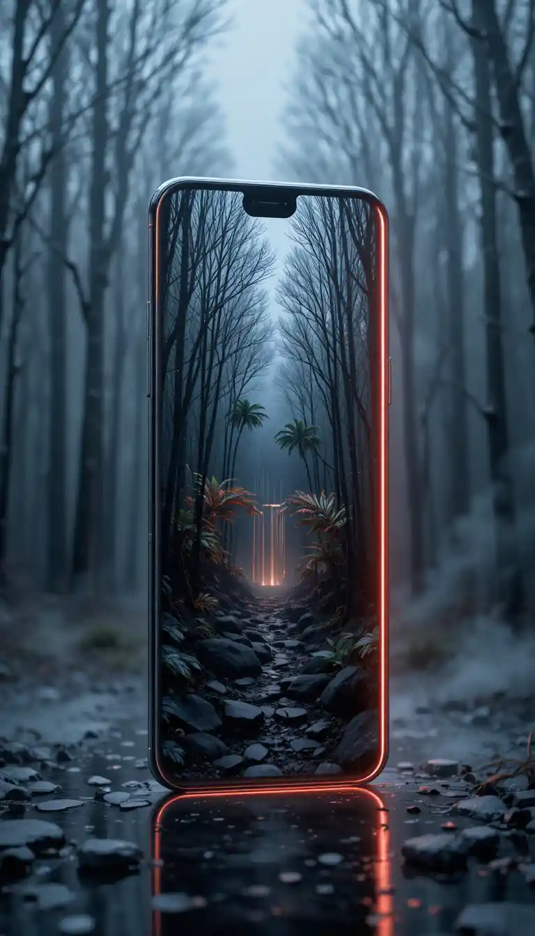 Smartphone portal between dark forest and tropical oasis