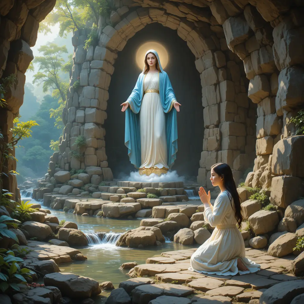 Young girl praying before a glowing figure at grotto