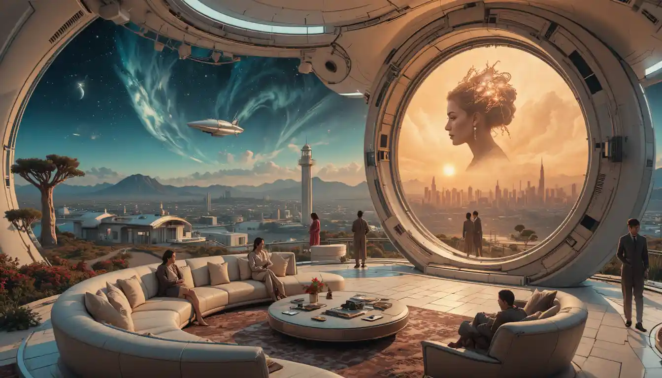 Paesaggio urbano sci-fi astratto che fonde elementi cosmici e distopici