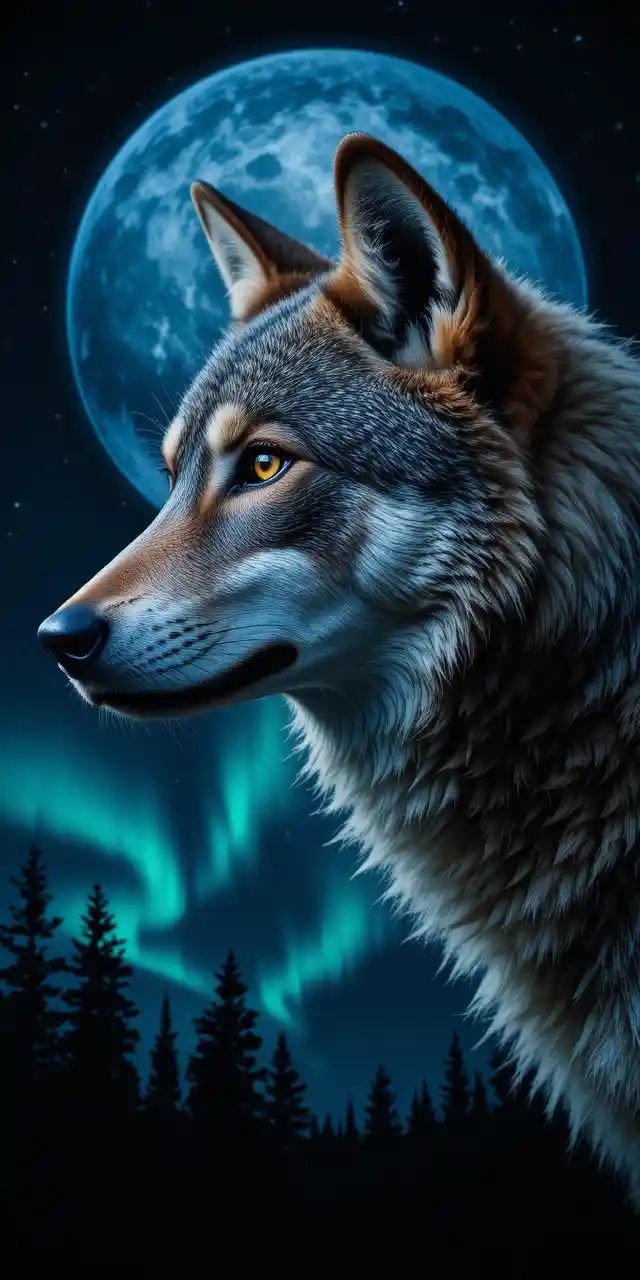 Side profile of a wolf against a starry moonlit sky