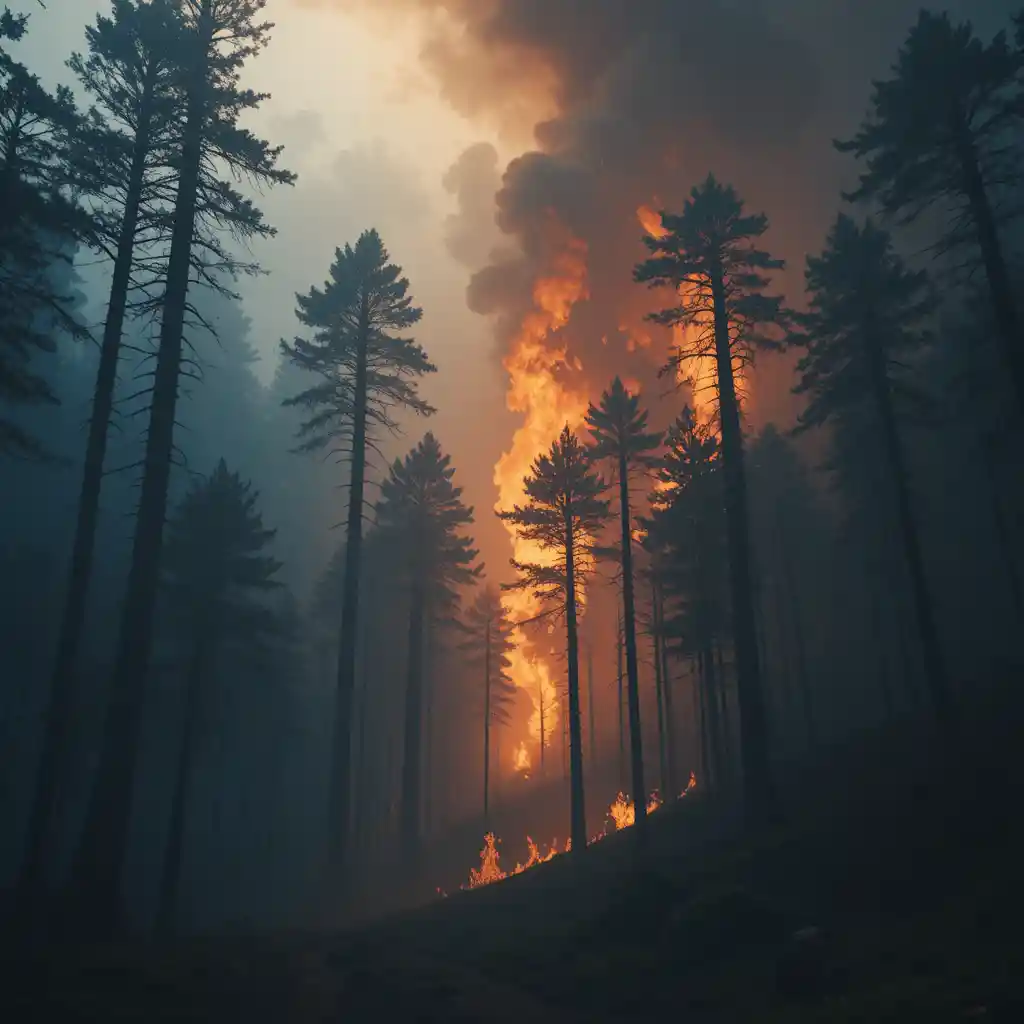 Epic forest wildfire with towering flames and smoke