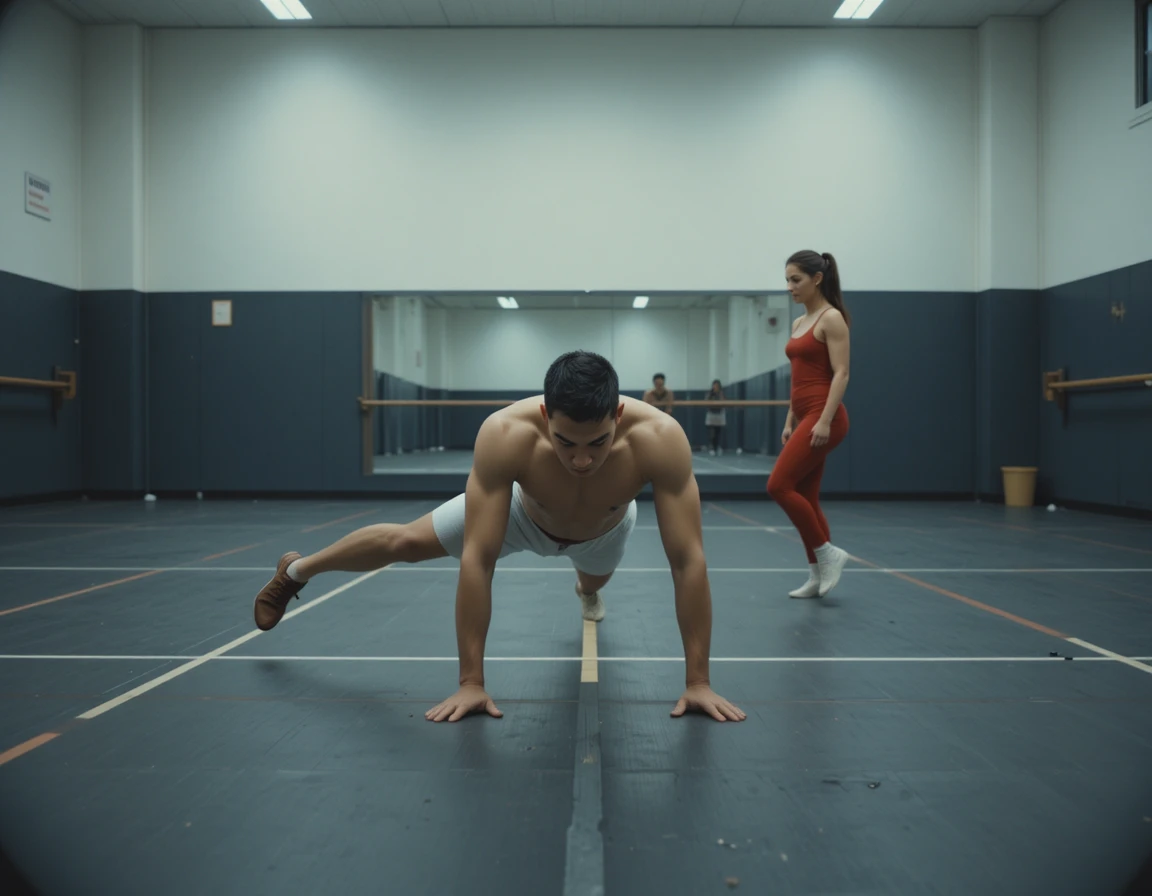 Homem fazendo burpee enquanto mulher fica em pé sobre ele na academia