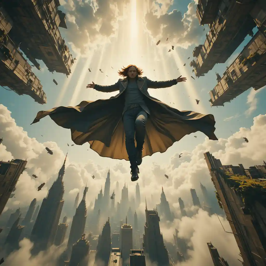 Heroic figure leaping between floating structures in the sky