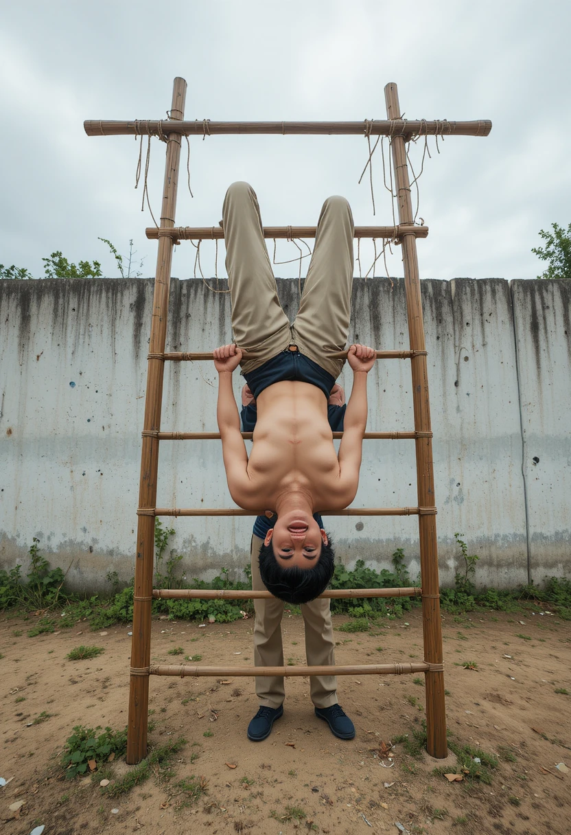Young man training upside down on a bamboo ladder