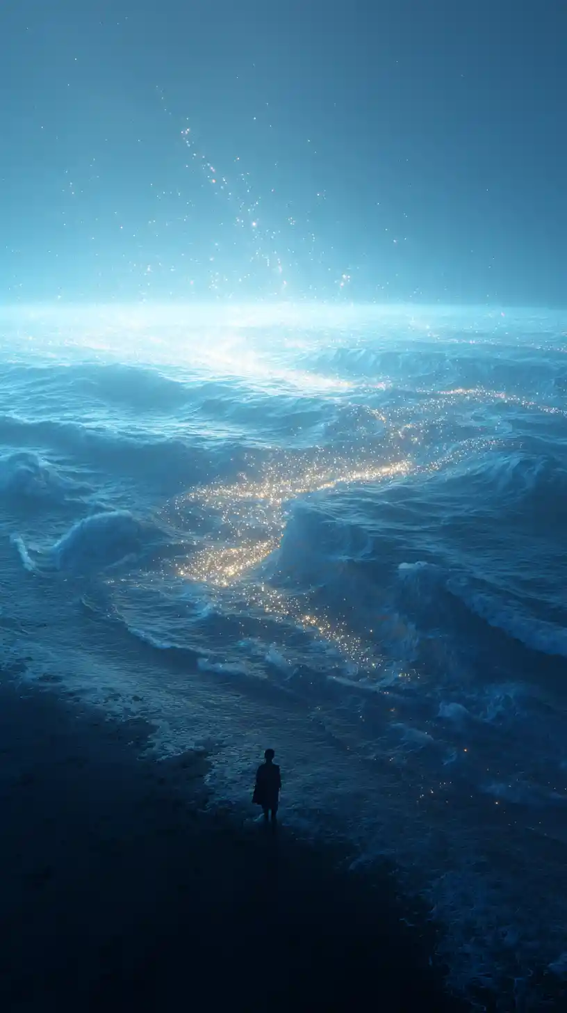 Figura afrofuturista di fronte a un oceano luminoso di luce liquida