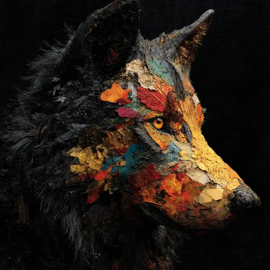 Surreal wolf collage in dadaist minimalist mixed media style
