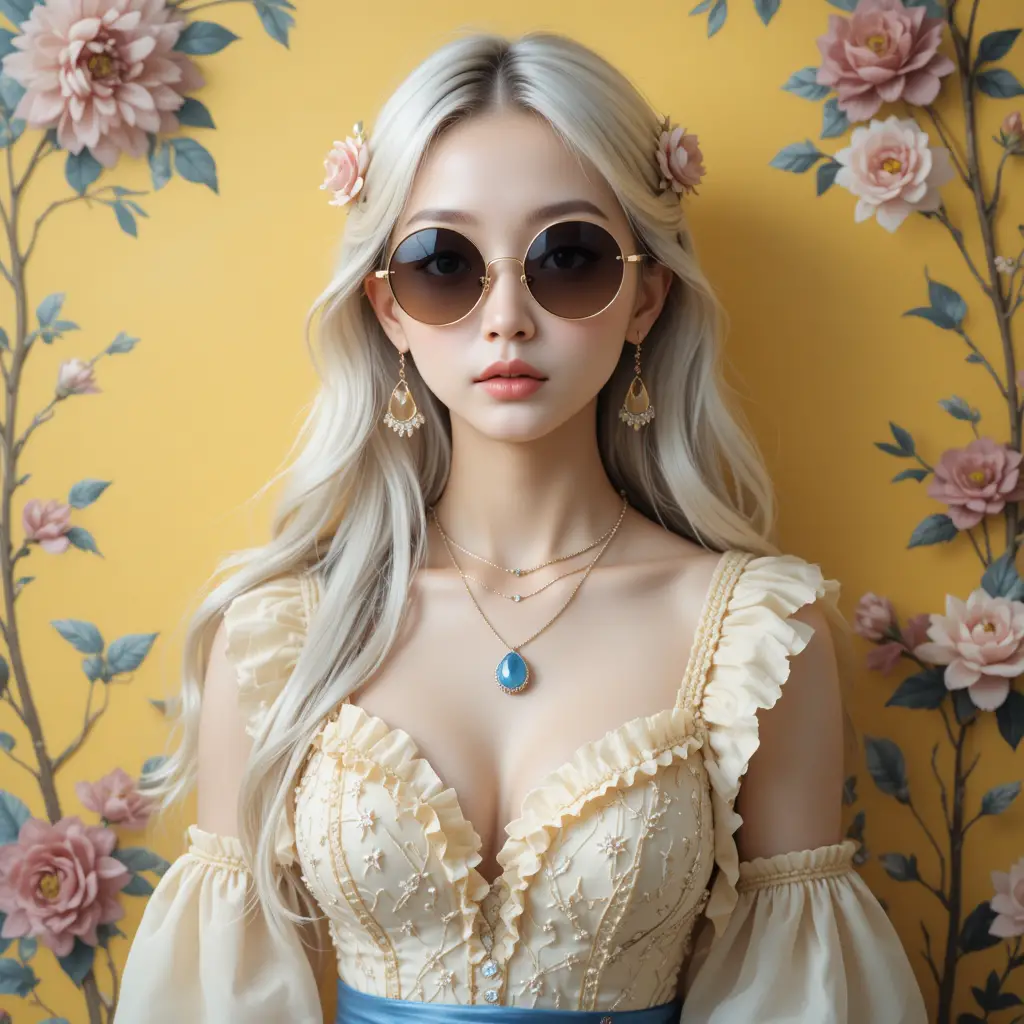 Young Asian girl in sunglasses by a floral yellow wall