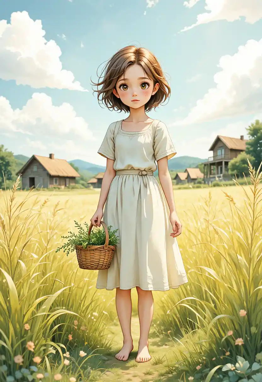 Barefoot girl with herb basket in a sunlit field