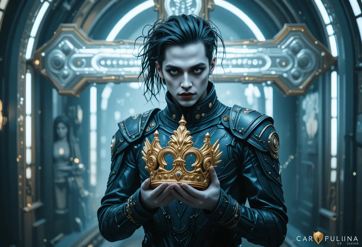 Gothic couple holding a golden crown in surreal light