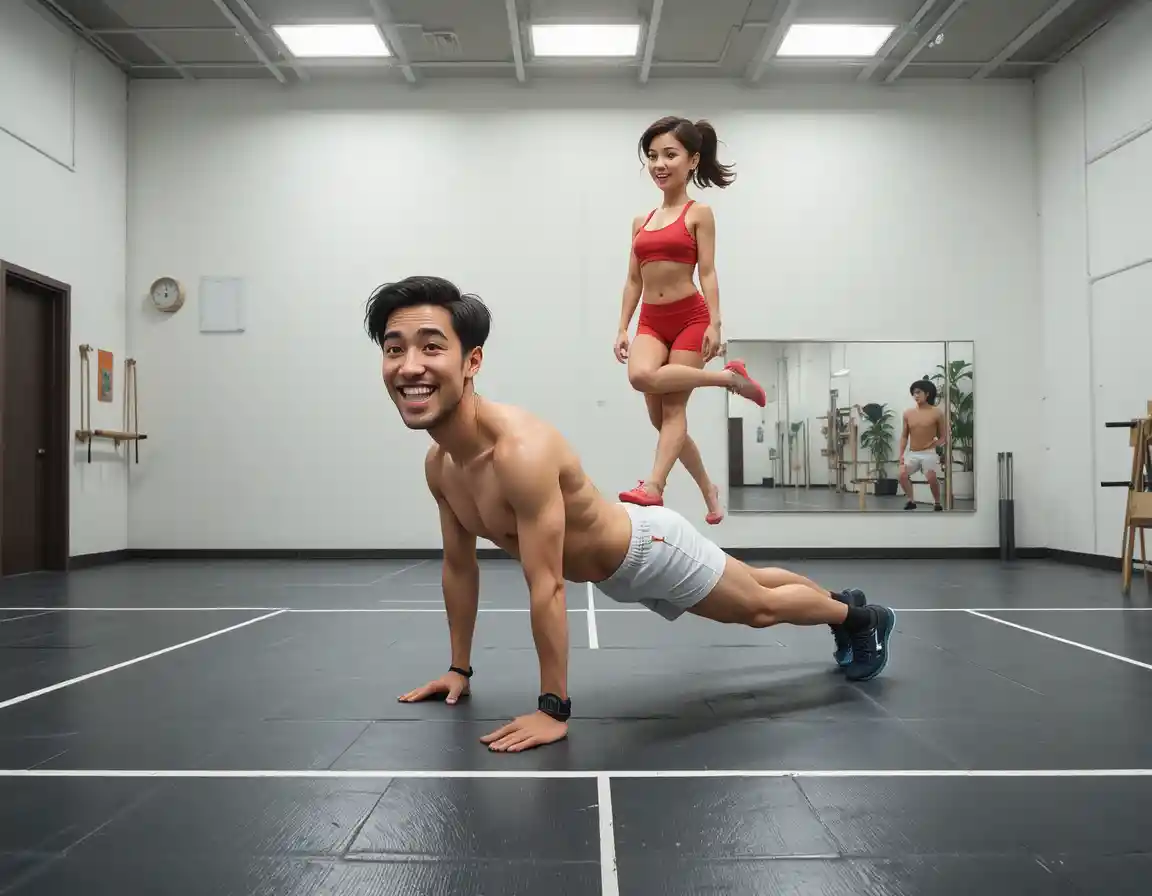 Athlete doing burpee with woman standing on his back in gym