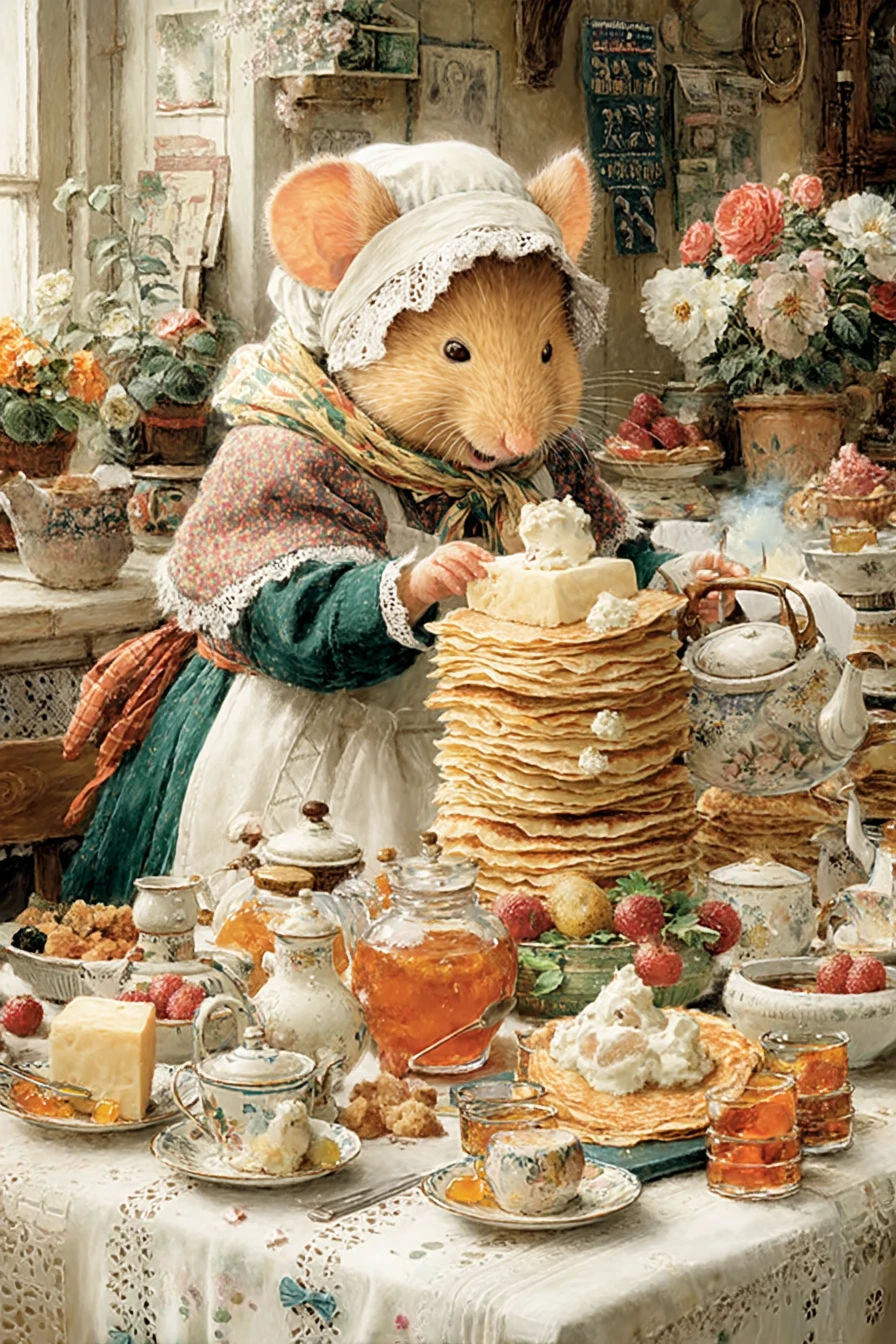 Cozy fairy tale mouse serving crepes in sunny living room