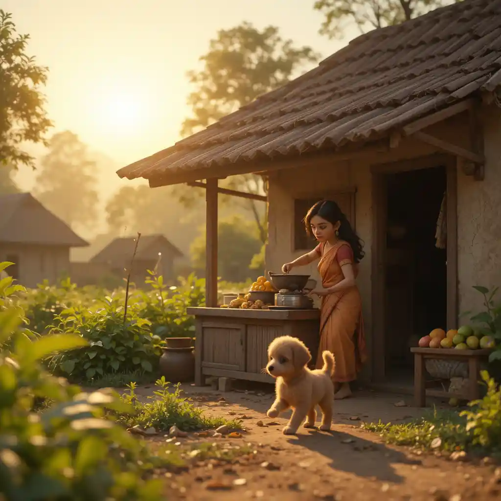 Indian village morning with mother cooking and playful puppy
