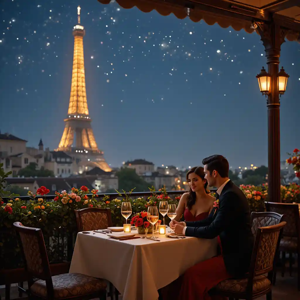 Romantic couple dining on a terrace overlooking the Eiffel Tower