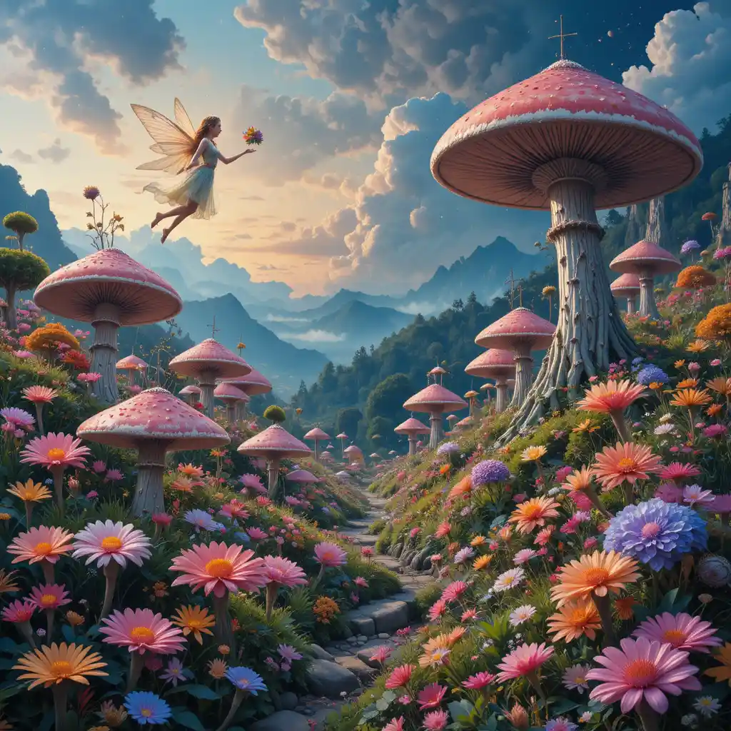 Paisaje de fantasía onírico con hada voladora y hongos