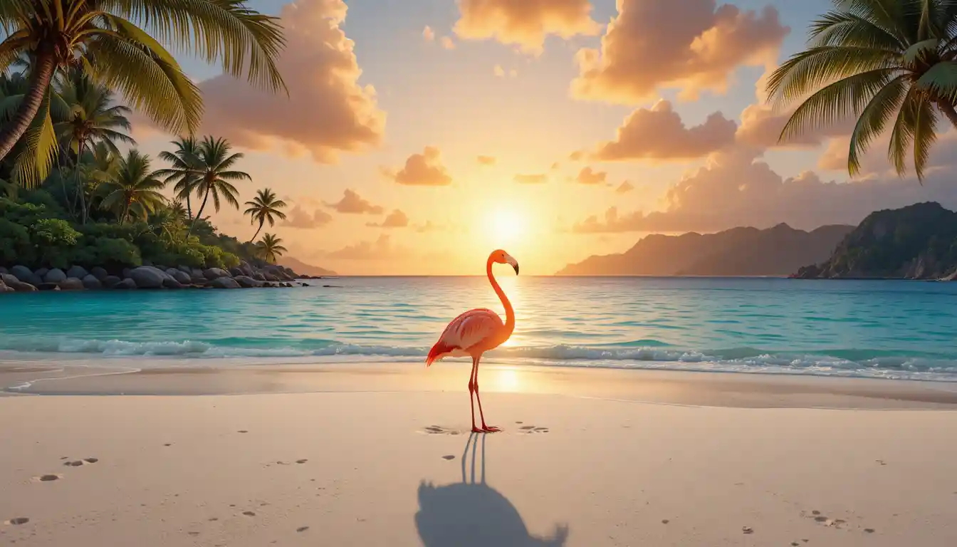 Lone flamingo on tropical beach at serene sunset