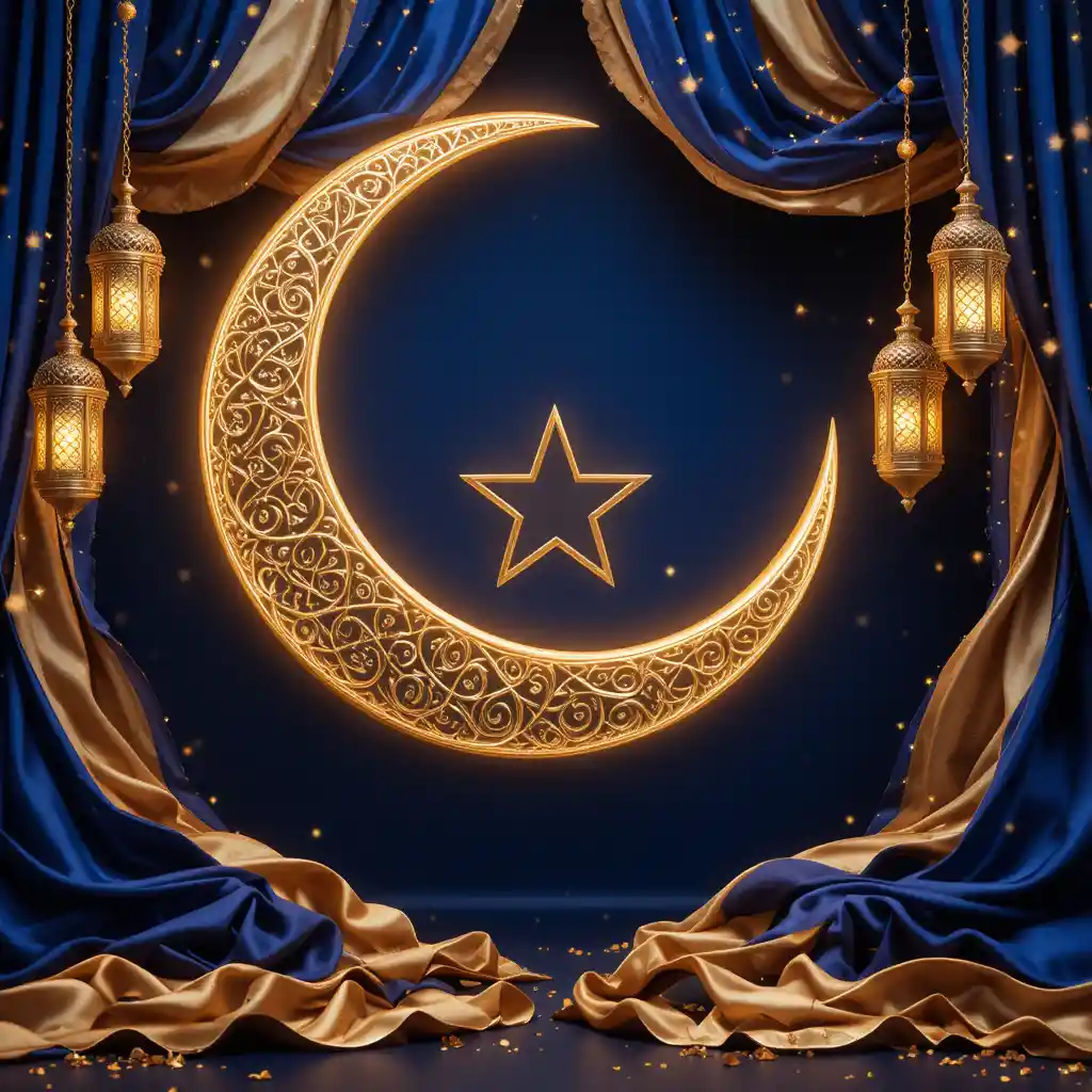 Glowing Crescent Moon With Star And Islamic Lanterns