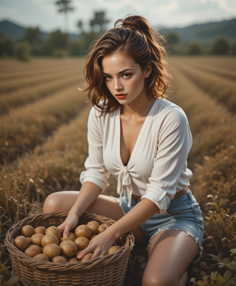 Young woman harvesting potatoes in a sunny rural field