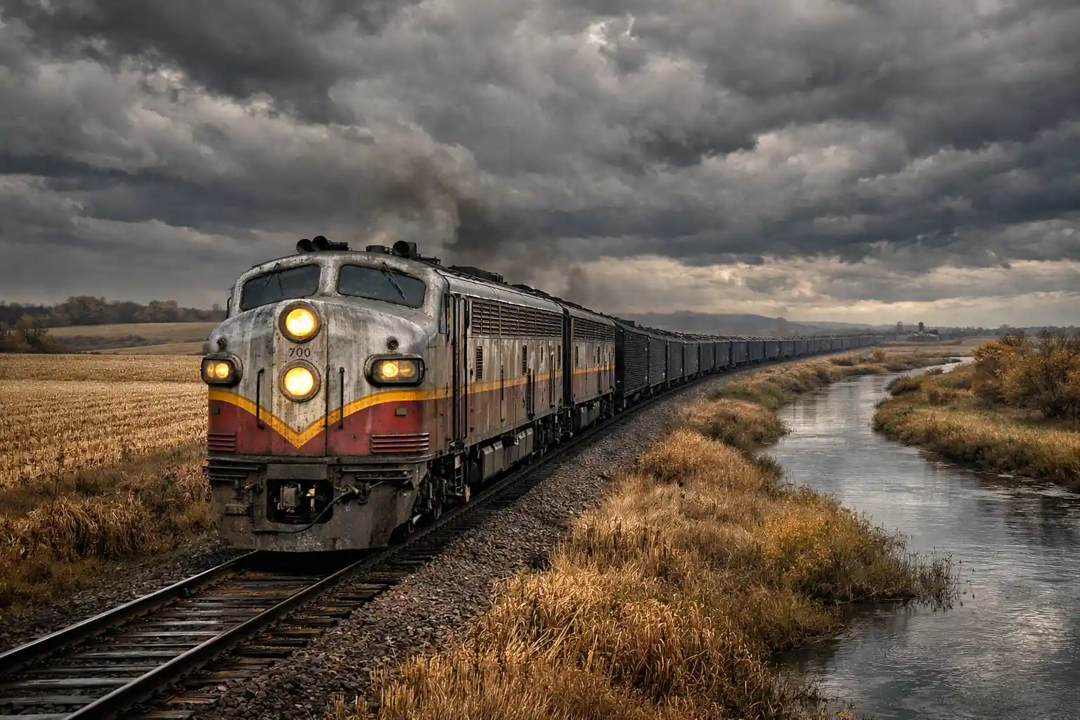 Vecchio treno streamliner che trasporta carbone attraverso solitari campi del Midwest