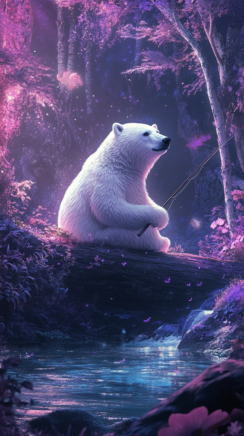 Polar bear fishing on a log in a mystical night forest
