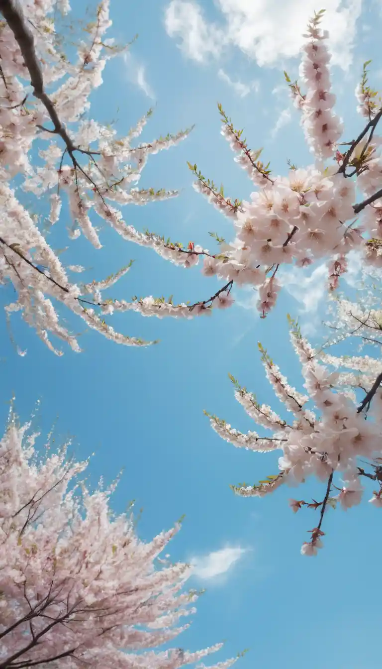 Low angle view through blooming sakura trees toward sky