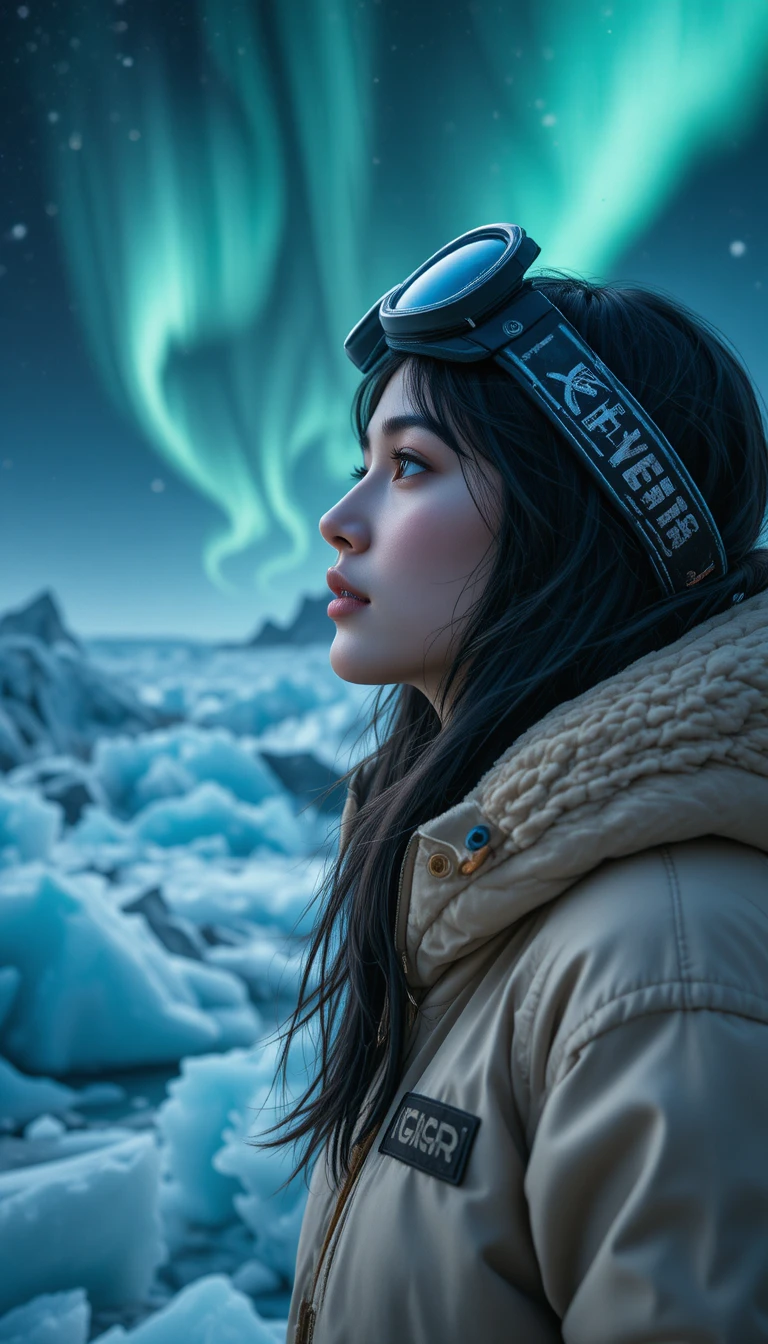 Woman climbing a glacier under glowing night aurora