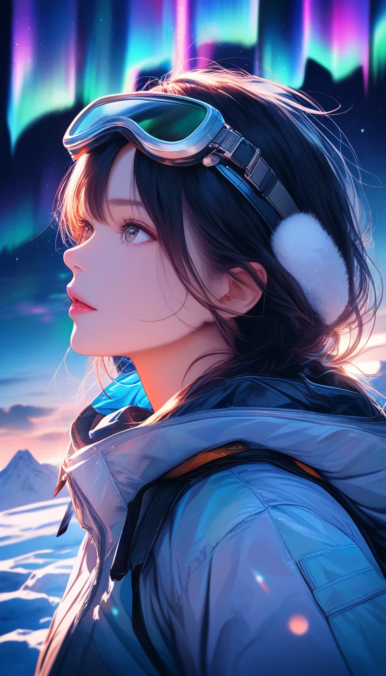 Woman mountaineer on glacier under glowing night aurora