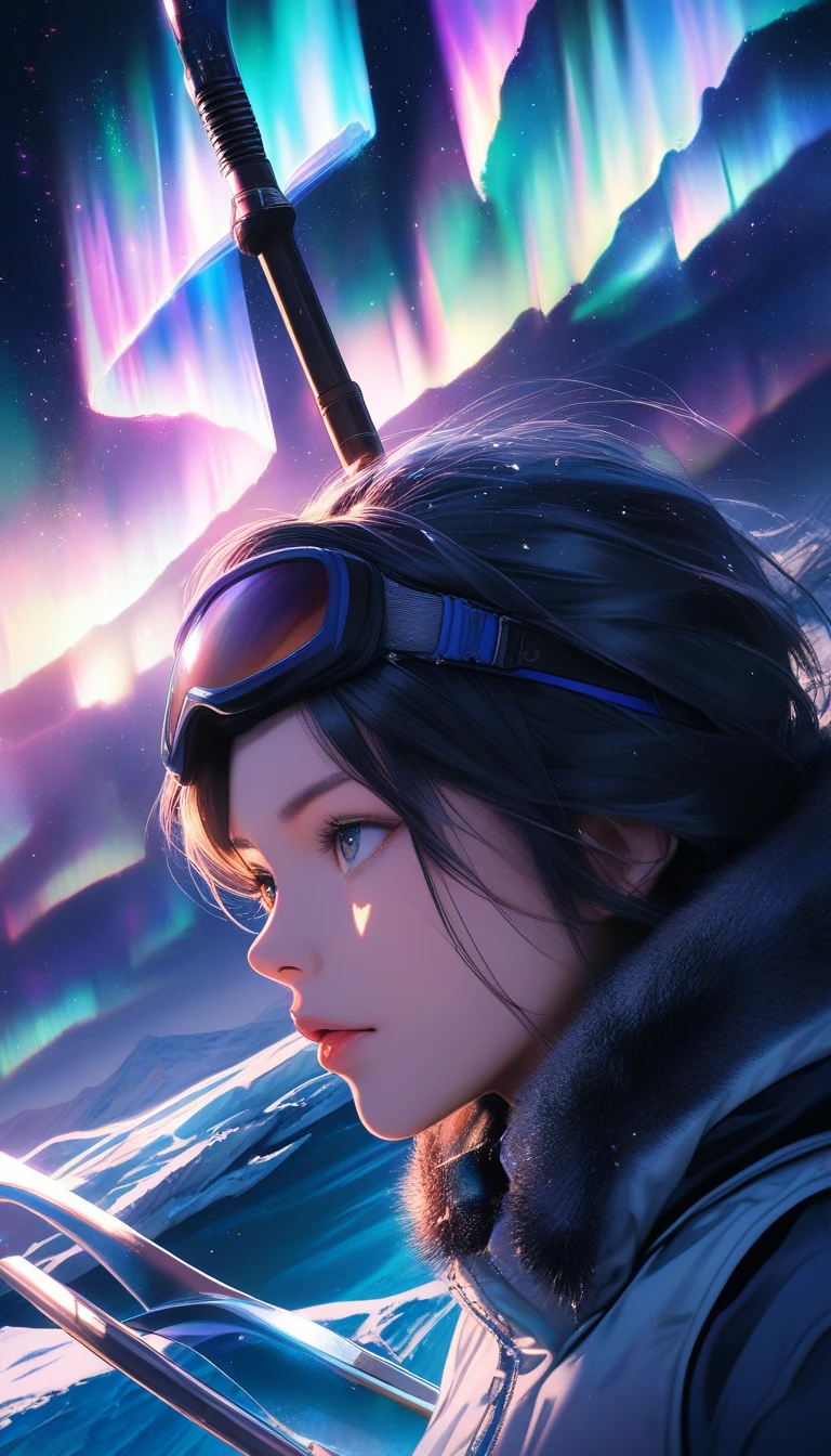 Woman climber under glowing aurora on icy glacier night