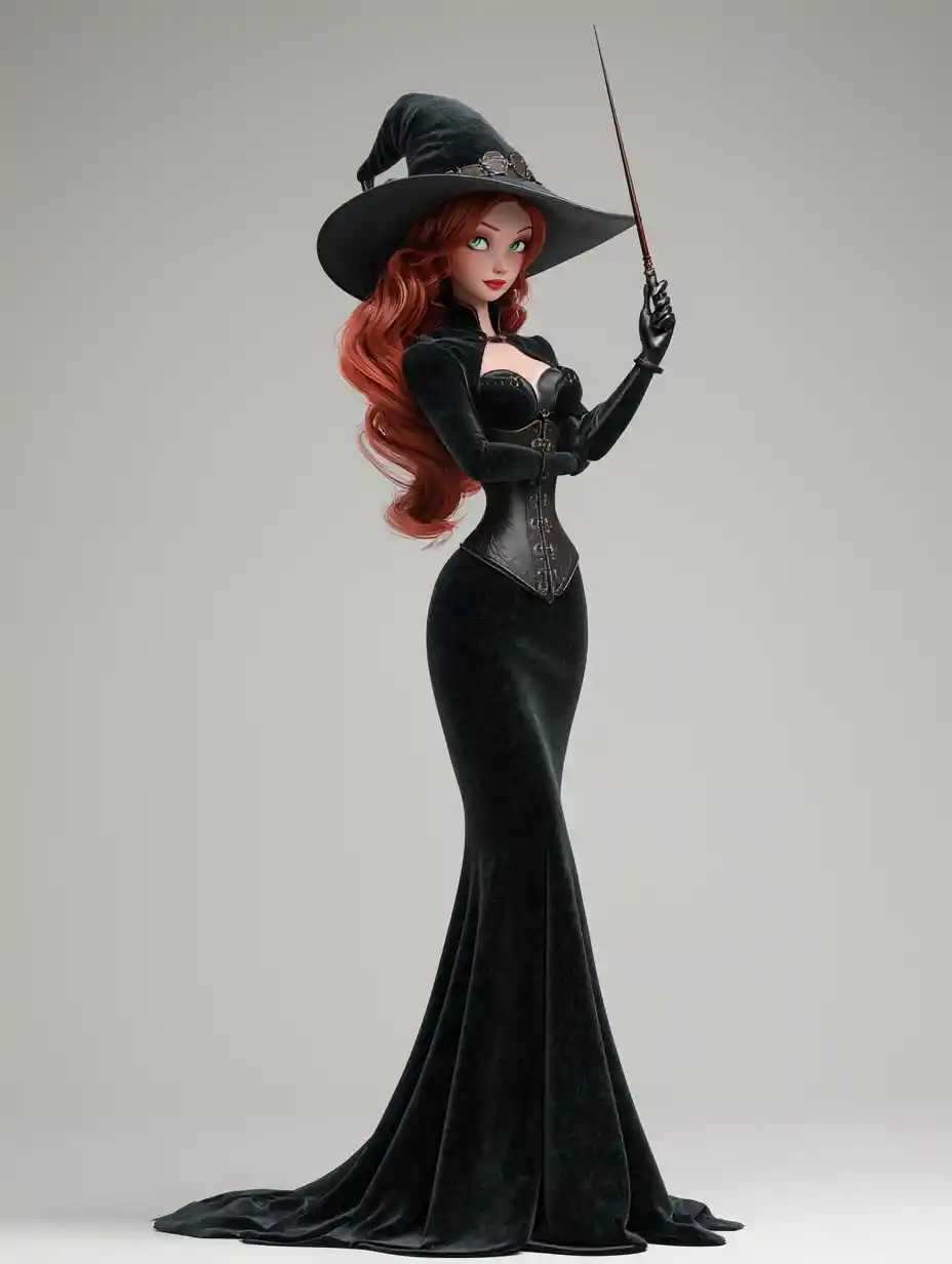 Steampunk witch holding a wand in dramatic full body view