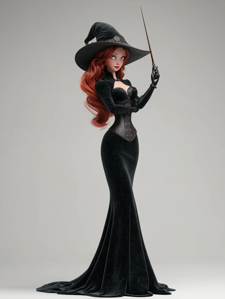 Steampunk witch holding a wand in dramatic full body view