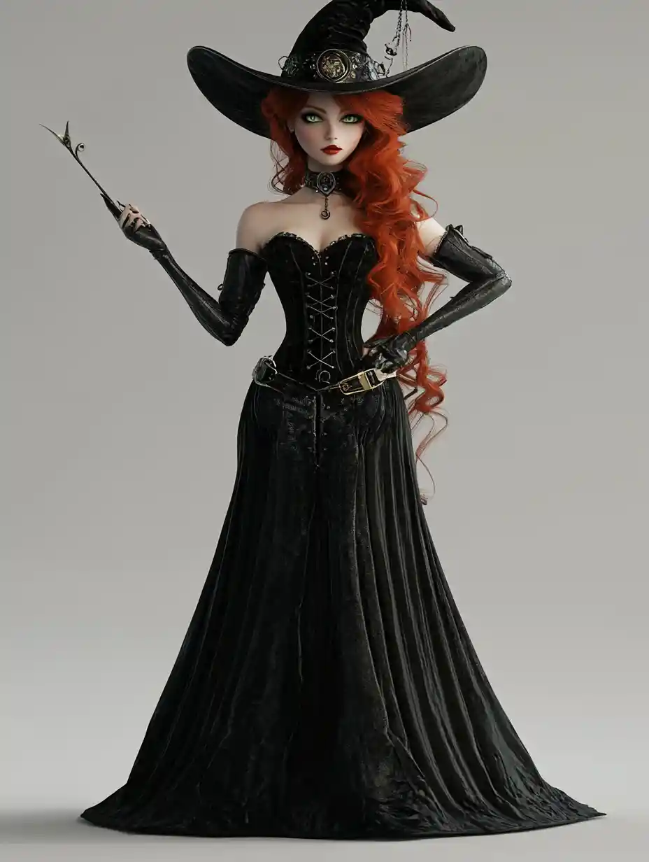 Steampunk witch raising her wand in dramatic 3D portrait
