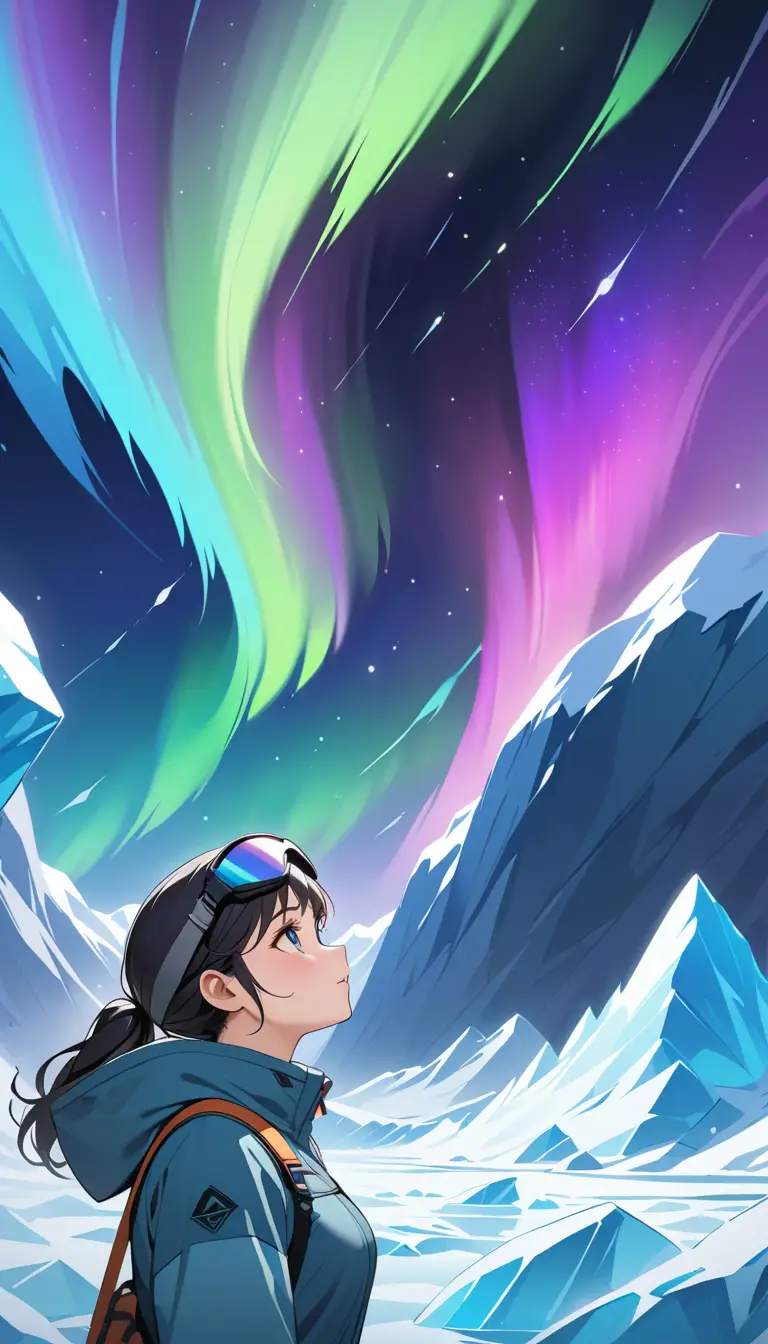 Woman climbing a glacier under glowing night aurora