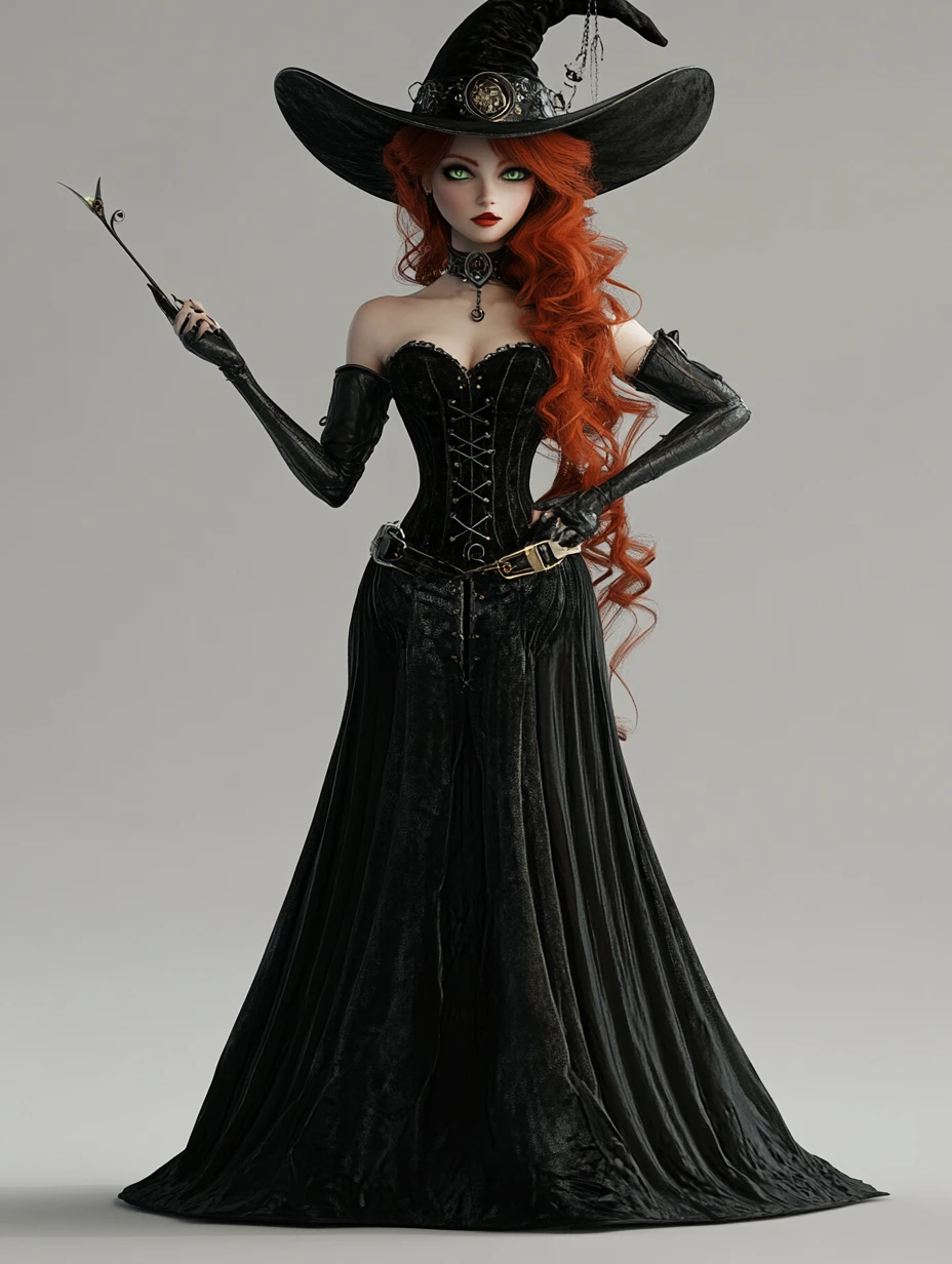 Steampunk witch raising her wand in dramatic 3D portrait