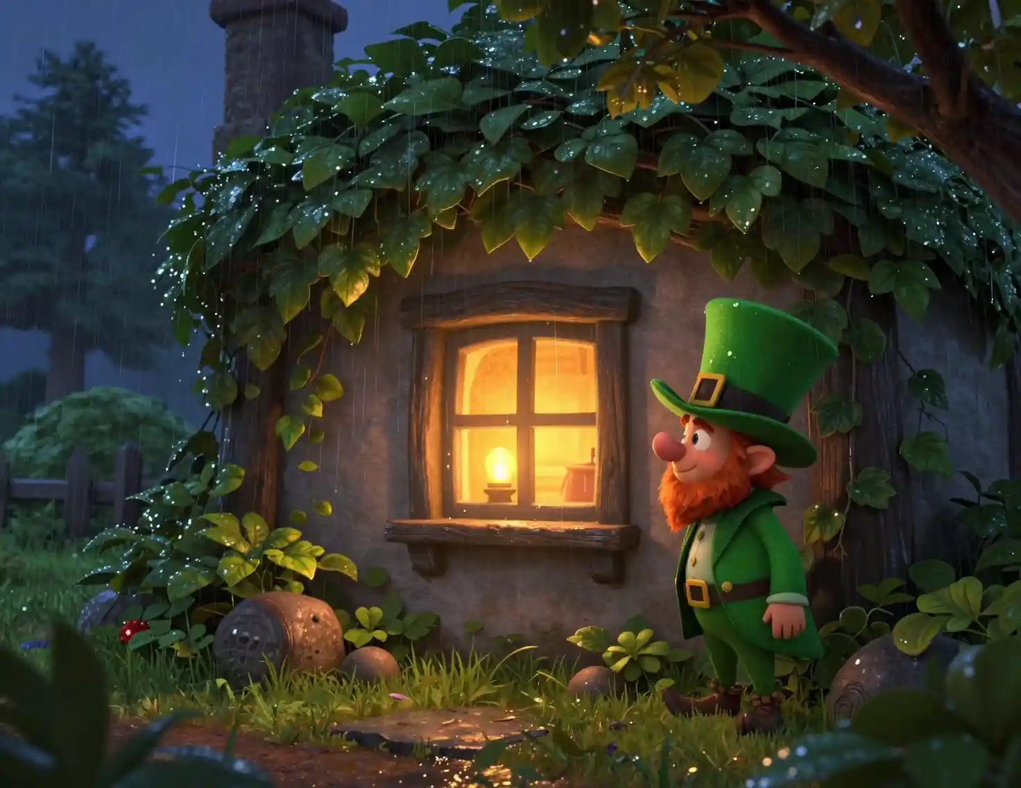 Cozy Irish cottage at dusk with glowing lamplight