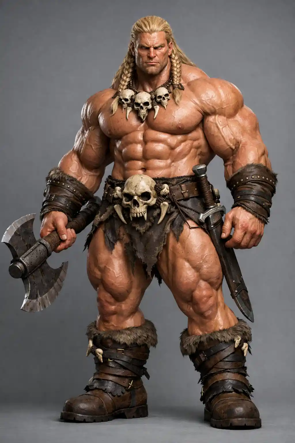 Gigantic muscular barbarian warrior holding a heavy battle axe