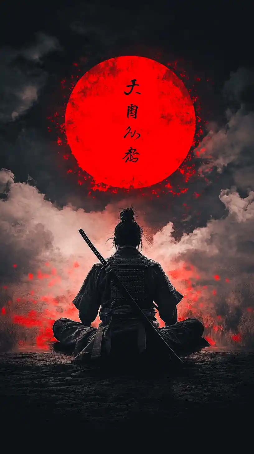 Lone samurai meditating beneath a red sun in silhouette