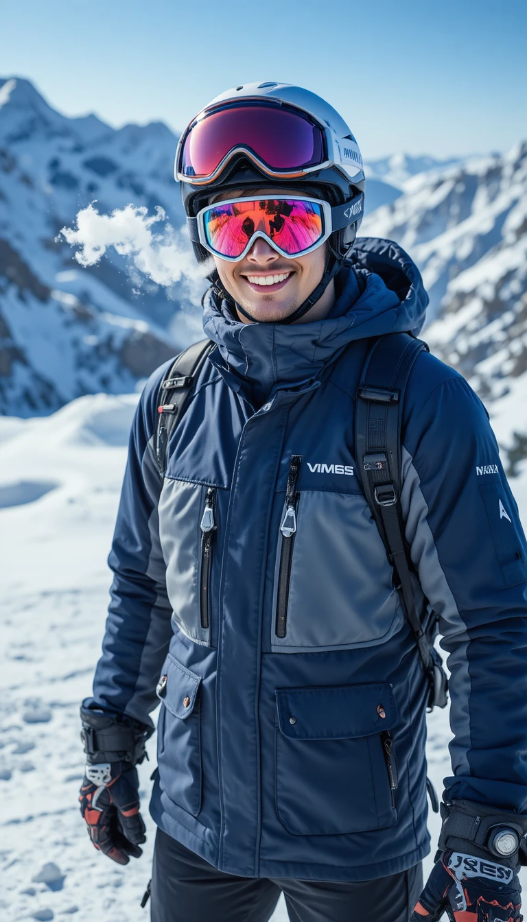 Smiling backcountry skier pausing on a snowy mountain slope
