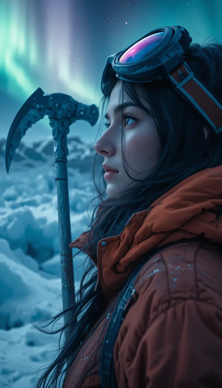 Woman climber on glacier under glowing aurora night sky