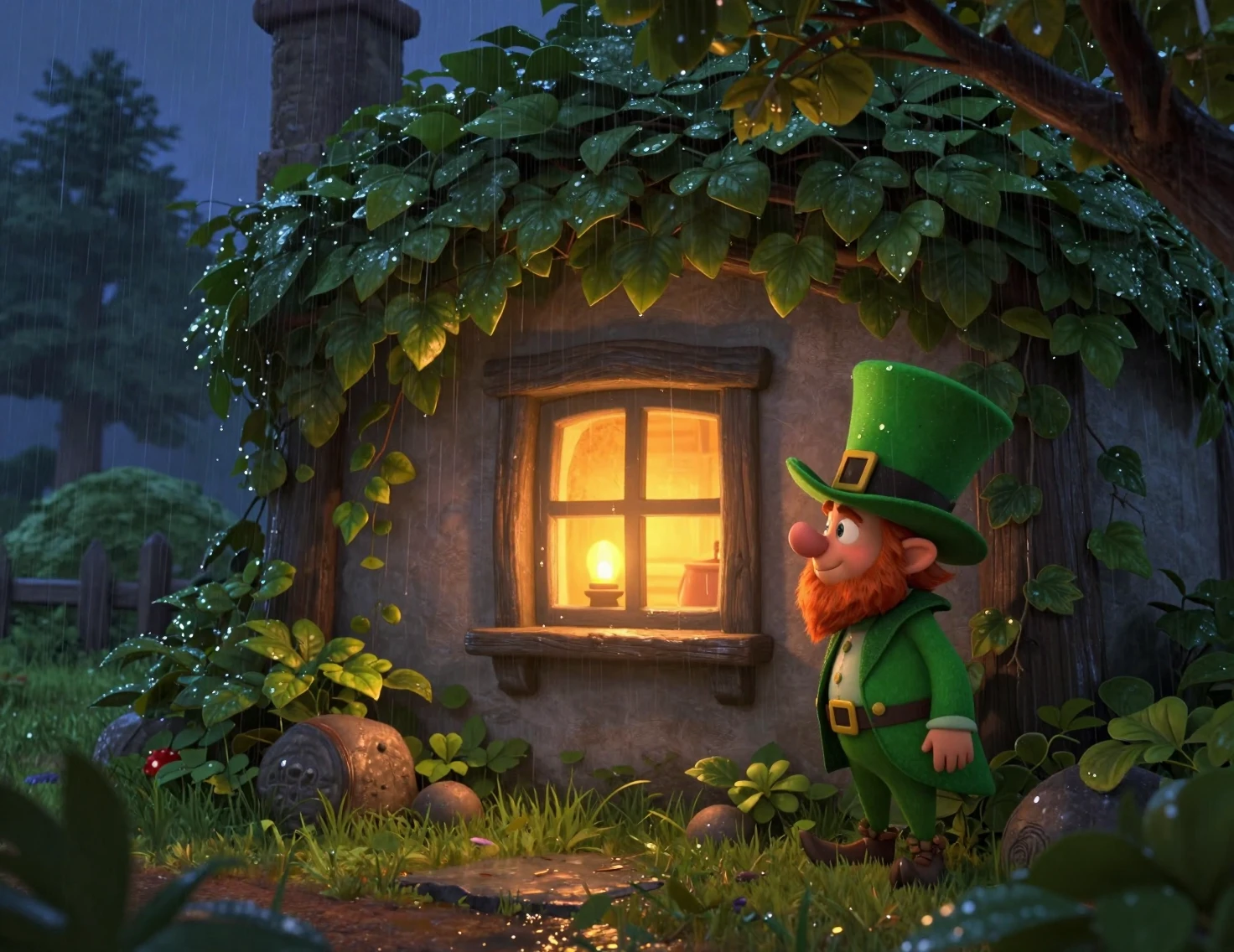 Acogedora cabaña irlandesa al atardecer con luz de lámpara