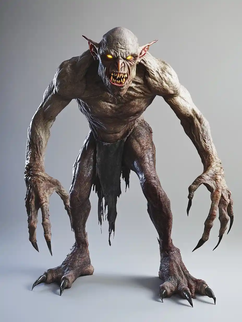 Personagem de goblin 3D ameaçador com corpo musculoso e esguio