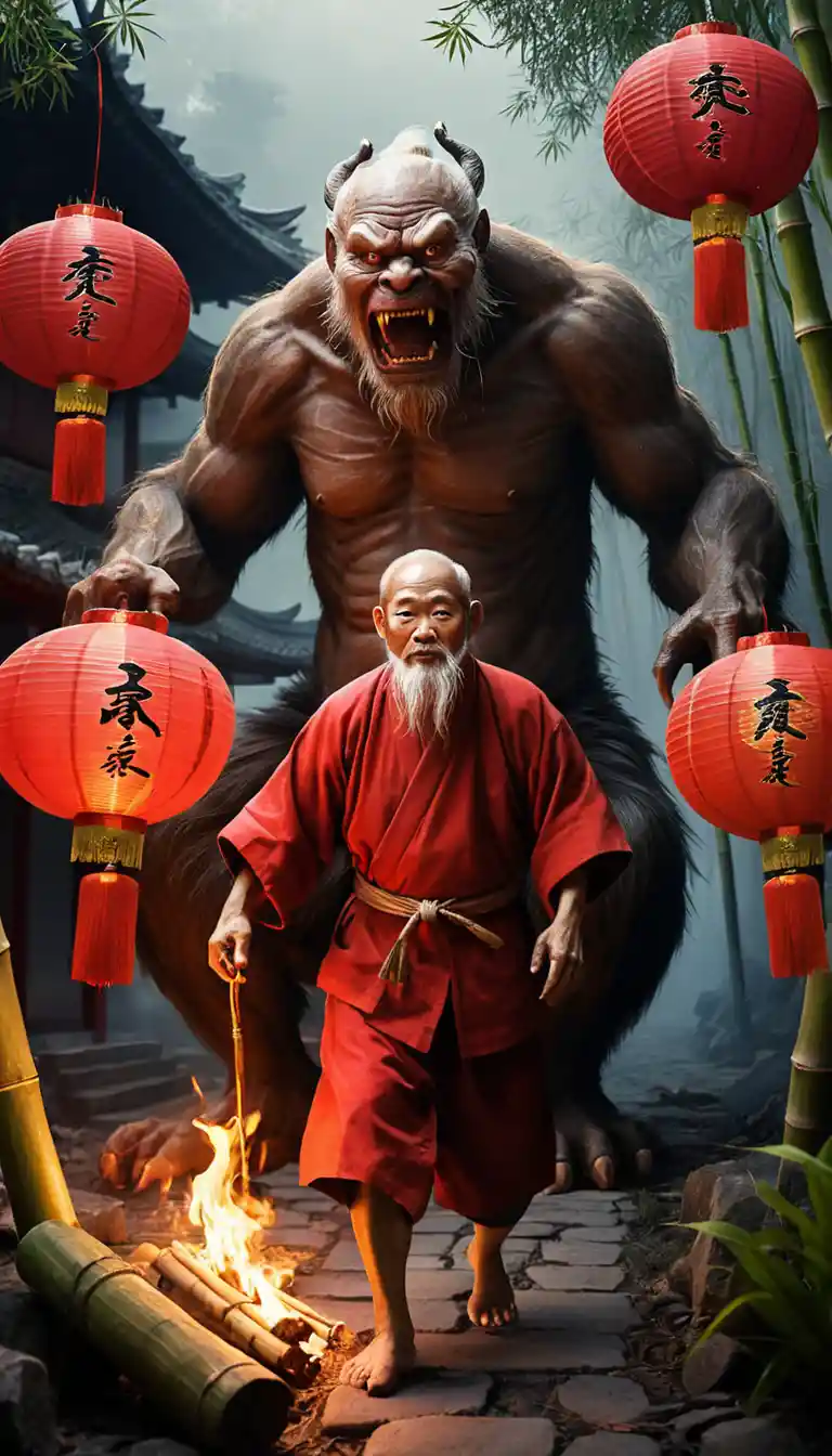 Aterrador monstruo Nian atacando una aldea china