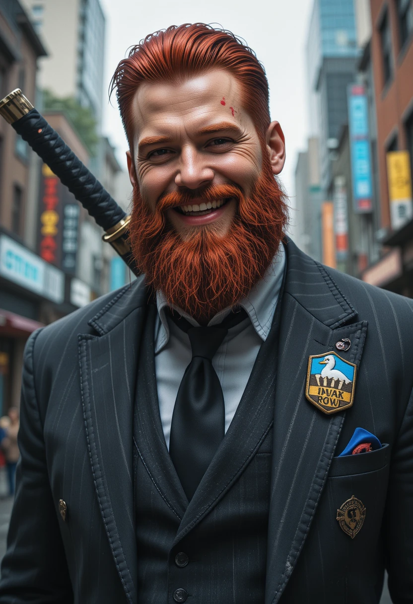 Smiling gangster in a suit with katana in the city
