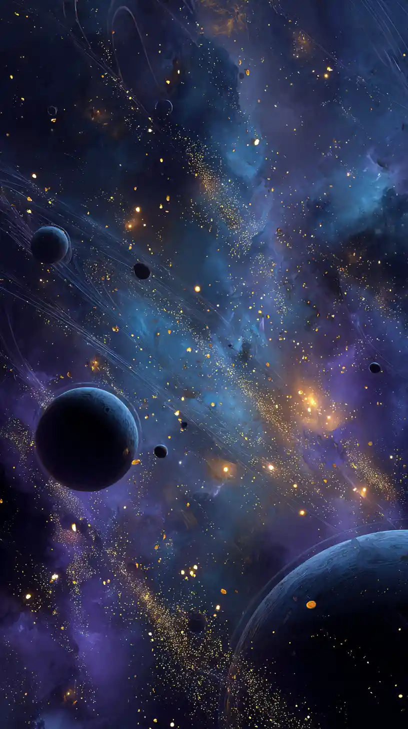 Cuarto oscuro celestial infinito con planetas y estrellas flotantes