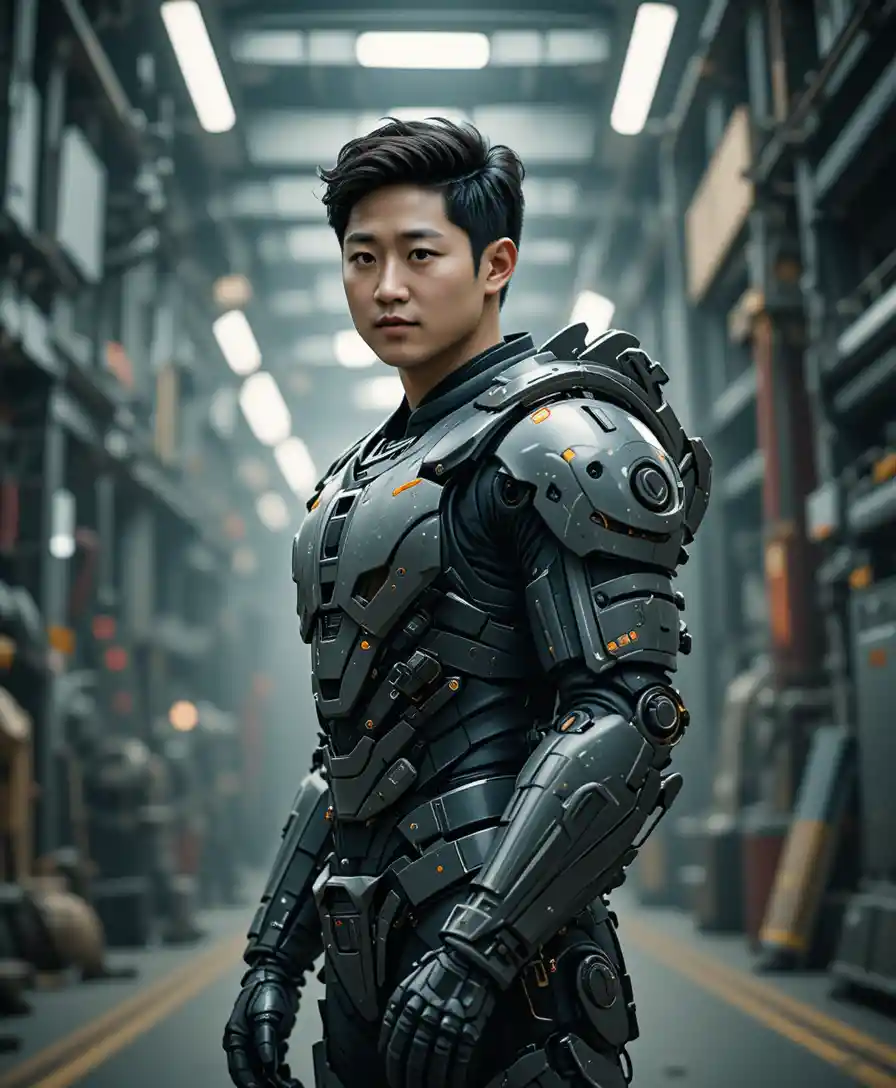 Uomo asiatico corazzato in scena industriale futuristica di profilo