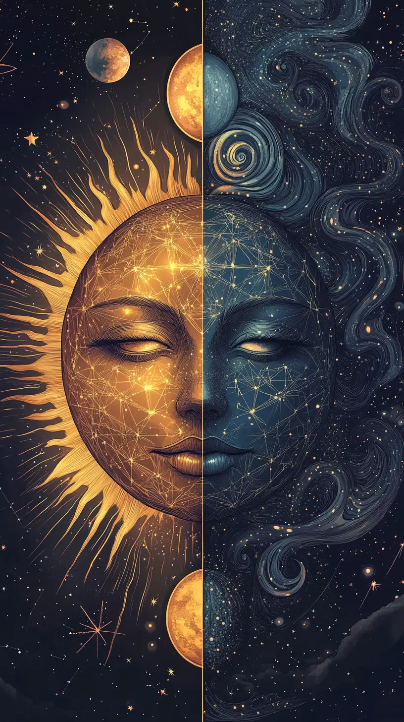 Surreal Celestial Sun And Moon Fusion Portrait Illustration
